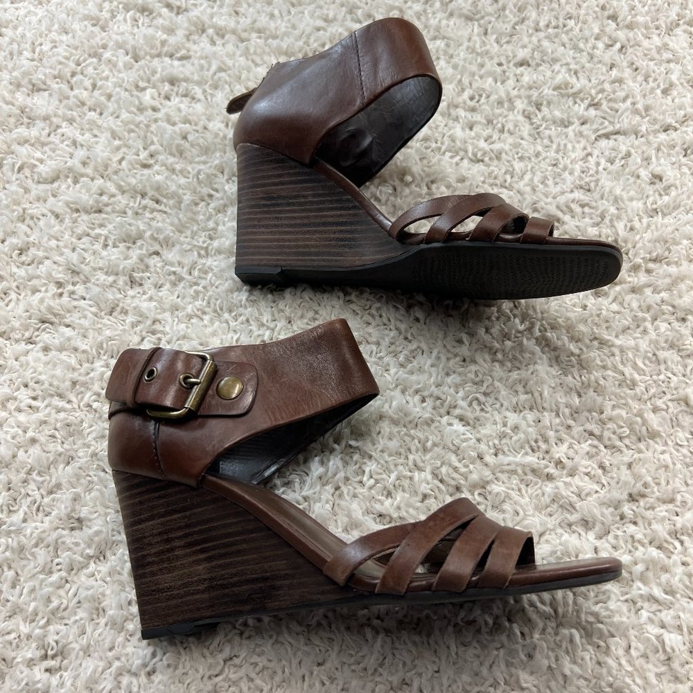 New Via Spiga Brown Leather Wedge Sandals Size 8.5